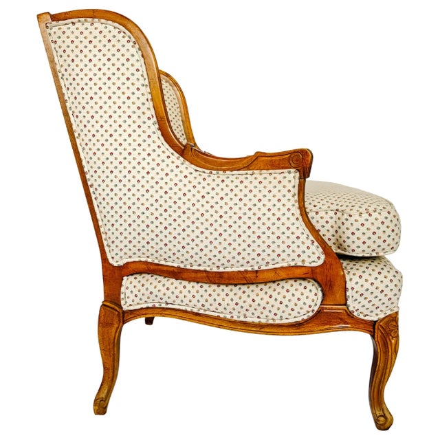 French Provincial Louis XV Bergere Armchair With Carved Wood Frame & Petite Floral Upholstery For Sale In San Diego - Image 6 of 16