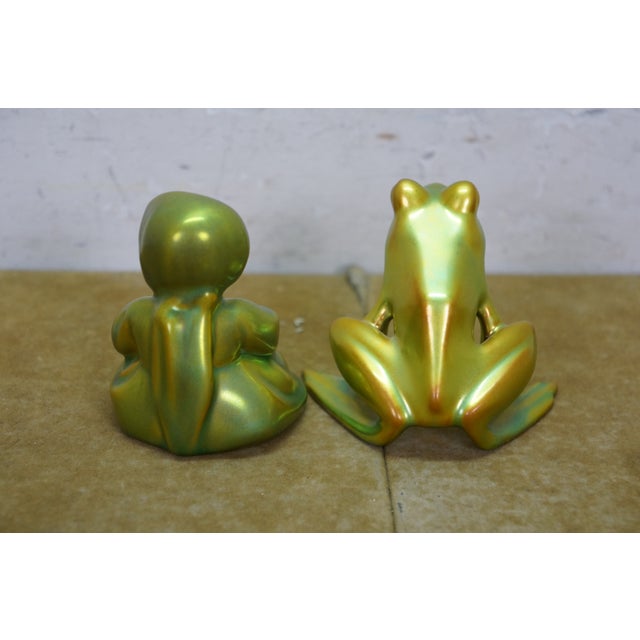 Late 20th Century Zsolnay Eosin Hungarian Iridescent Green Art Deco Frog & Girl Figurines 3" For Sale - Image 6 of 13