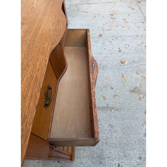 Antique Victorian Oak Serpentine Front Five-Drawer Highboy Dresser With Ornate Carved Crest For Sale - Image 11 of 12