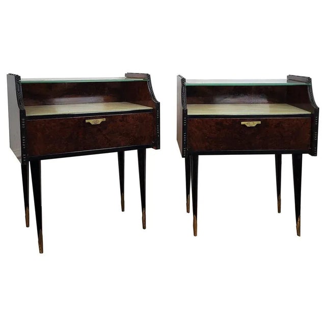 Brown Mid-Century Italian Art Deco Nightstands in Wood, Brass & Glass, 1950s, Set of 2 For Sale - Image 8 of 8