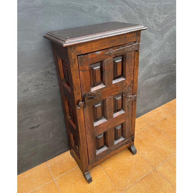 Spanish Rustic Solid Oak Cabinet with Paneled Door and Iron Hardware, 1880s For Sale - Image 9 of 10