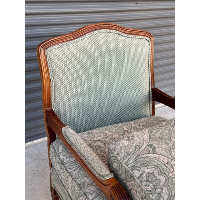 1970s Hickory White French Provincial-Style Bergère Armchair in Sage Green Brocade & Geometric Fabric For Sale - Image 9 of 14