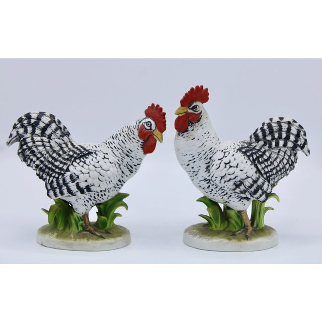 A charming pair of black and white ceramic Farmhouse Style Chickens. This is an excellent duo! Rooster- 6.5 inches tall...