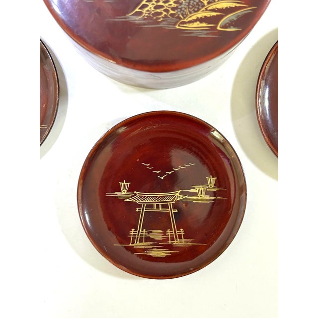 Cinnamon 1950s Chinoiserie Lacquer Coaster Set – Vintage Asian Scenic Barware With Box For Sale - Image 8 of 10