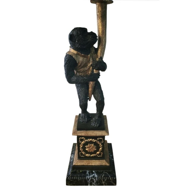 Figurative Vintage Customized Palm Beach Regency Monkey Parasol Marble Base Ball Fringe Table Lamps- A Pair For Sale - Image 3 of 12