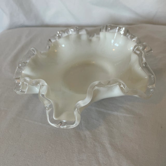 Glass 1960s Fenton Crystal Silver Crest Milk Glass, Double Ruffled Scalloped Rim Bowl For Sale - Image 7 of 10