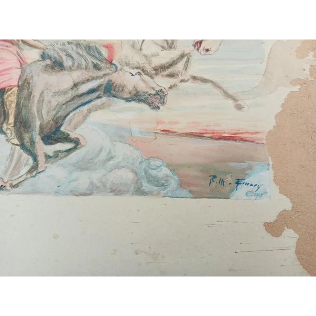 Vintage distressed early 20th century watercolor on artist board painting of the Four Horsemen of the Apocalypse. Signed...