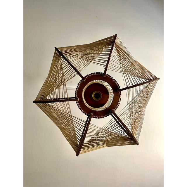 1960s Scandinavian Cotton and Wood Pendant Light with Taut Wires, 1960 For Sale - Image 5 of 11
