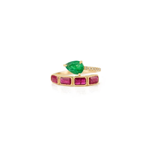 Modern 14k Gold Natural 1.59 Ct Ruby Emerald Birthstone Duet Modern Bypass Ring Size 6 For Sale - Image 3 of 14