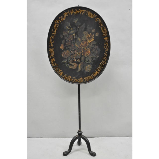 Antique French Victorian Tole Metal Hand Painted Floral Adjustable Firescreen For Sale - Image 15 of 15