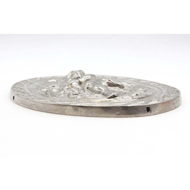 Vintage Cast Aluminum Figural Horseback Oval Silver Wall Relief For Sale - Image 6 of 8