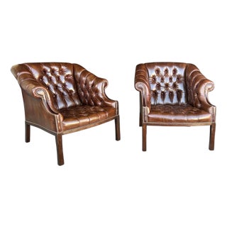 1960s Pair English Traditional Tufted Leather Club Chairs With Nailhead Trim For Sale