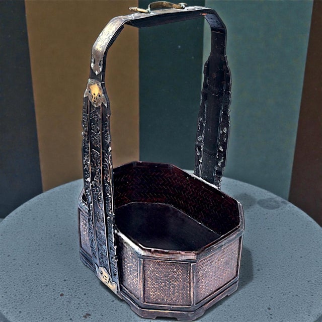 Wood 1950's 3 Tiered Octagonal Brass Handled Chinese Wedding Basket For Sale - Image 7 of 18