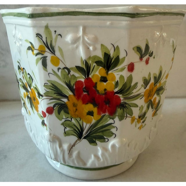 Vintage 1960s ceramic octagonal planter with raised relief and hand painted vibrant orange and yellow flowers and bright...