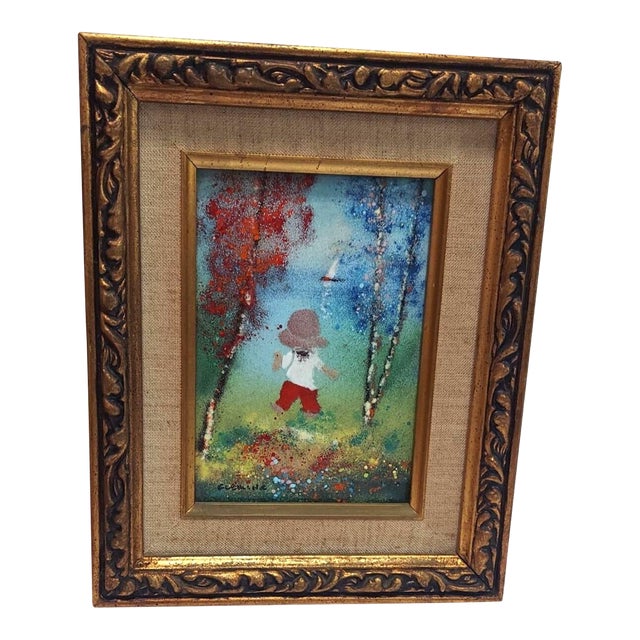 Late 20th Century Fleming Painting of Child With Sailboat Framed Enamel on Copper Vertical For Sale
