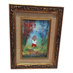 Late 20th Century Fleming Painting of Child With Sailboat Framed Enamel on Copper Vertical