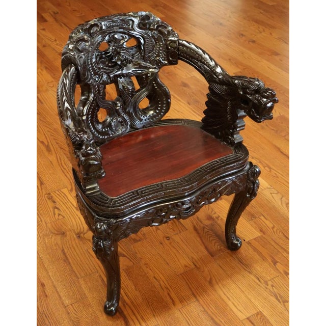Antique Late 19th Century Meiji Japanese Dragon Carved Chair Dimensions : 26" Wide X 18" Deep X 34" Tall Arm height -...