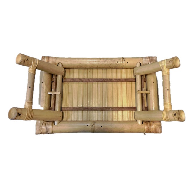 Light Yellow Vintage MCM Bamboo Folding Portable Serving Tray For Sale - Image 8 of 11