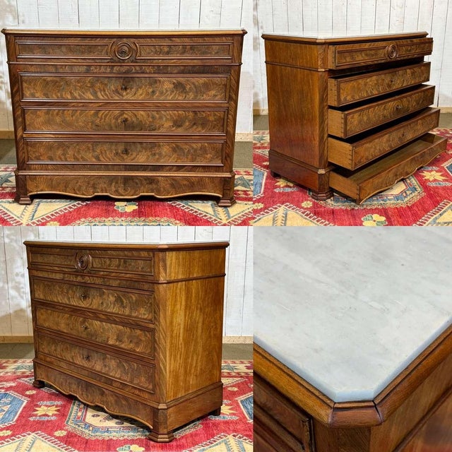 Napoleon III chest of drawers in mahogany, oak and white marble top, late 19th century - W=121cm D=51cm H=96cm