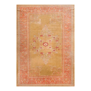 Exquisite Chartreuse Background With Medallion Design Antique Turkish Oushak Rug For Sale