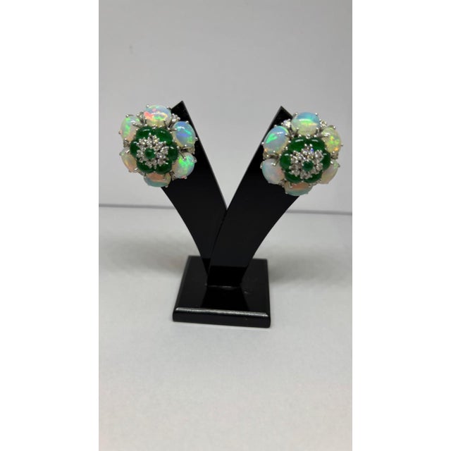 Modern Natural Opal, Emerald, & Diamond Earring in 14k Gold For Sale - Image 3 of 8