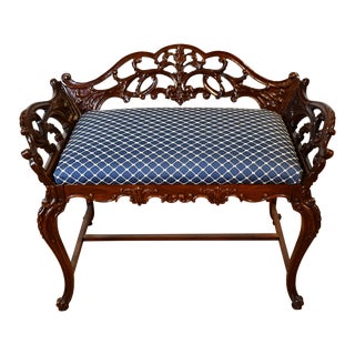 1940s French Carved Mahogany Vanity Chair / Vanity Stool / Vanity Bench For Sale