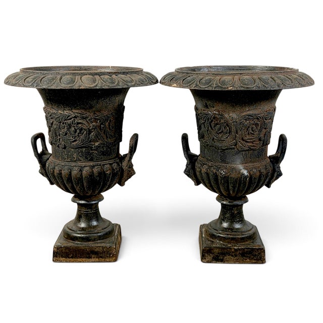 Black Pair of Antique French Cast Iron Campana Garden Urns With Lion Mask Handles 24" For Sale - Image 8 of 10
