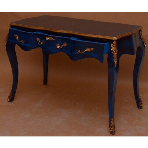 Blue With Gold Louis XV Antique Style Desk with Chair - 2 Pieces For Sale - Image 4 of 9