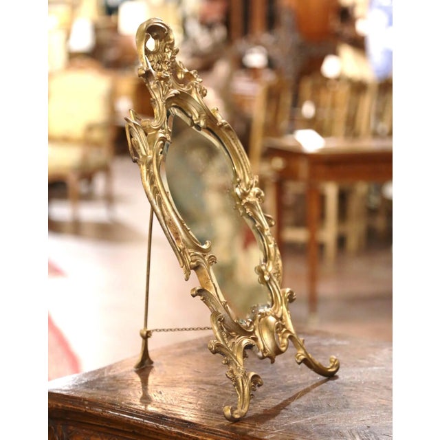 French 19th Century French Louis XV Bronze Dore Free Standing Vanity Table Mirror For Sale - Image 3 of 10