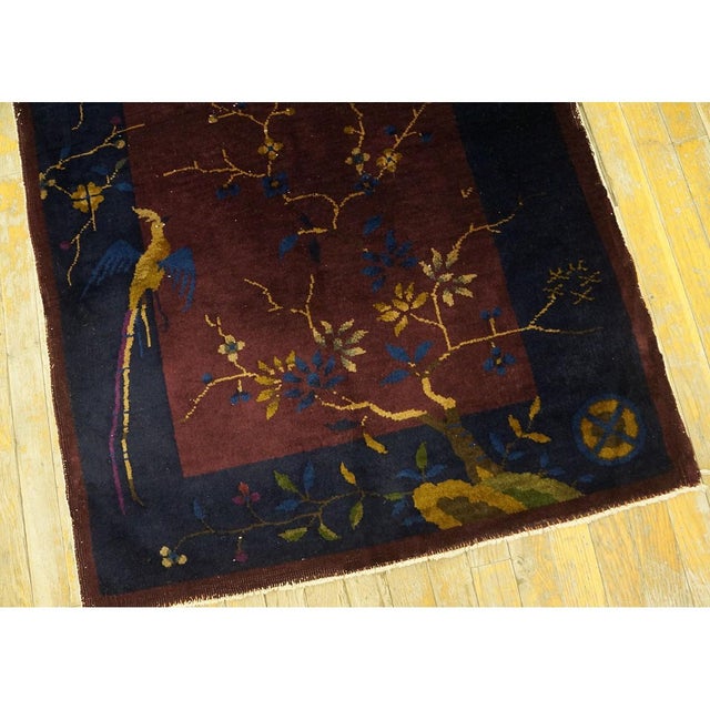 Art Deco 1920s Purple Bold Tree Bird of Paradise Pattern Small Antique Chinese Deco Rug For Sale - Image 3 of 7