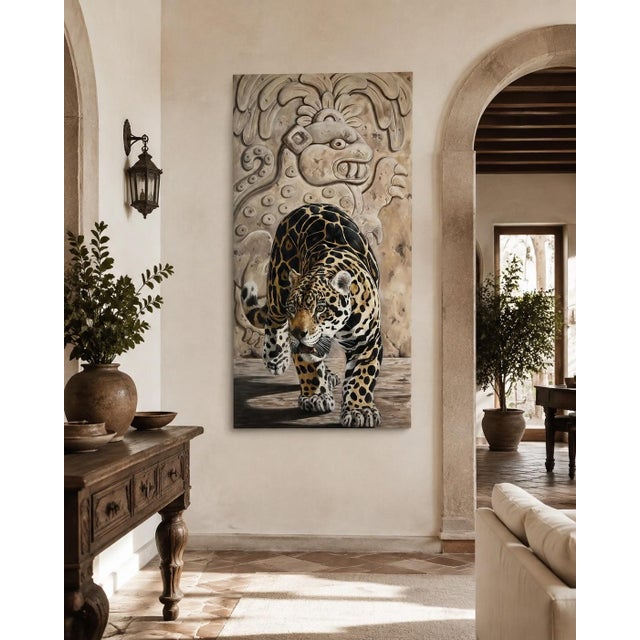 Very large oil on canvas, ancient tableau, Jaguar by Kindrie Grove, Canadian Artist. Large oil painting that depicts a...