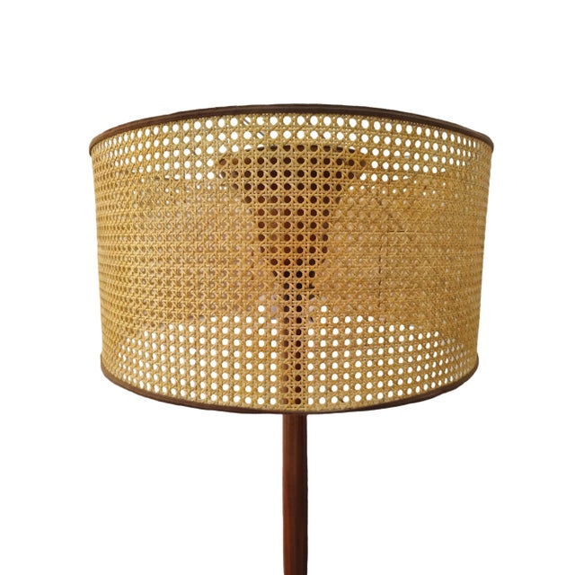 Beautiful floor lamp made of turned cherry wood and Vienna straw shade, Italian production 1950s. European Plug (up to...