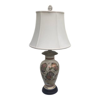 Vintage 35" Japanese Satsuma Style Ceramic and Brass Table Lamp With Tailor Made Shade For Sale