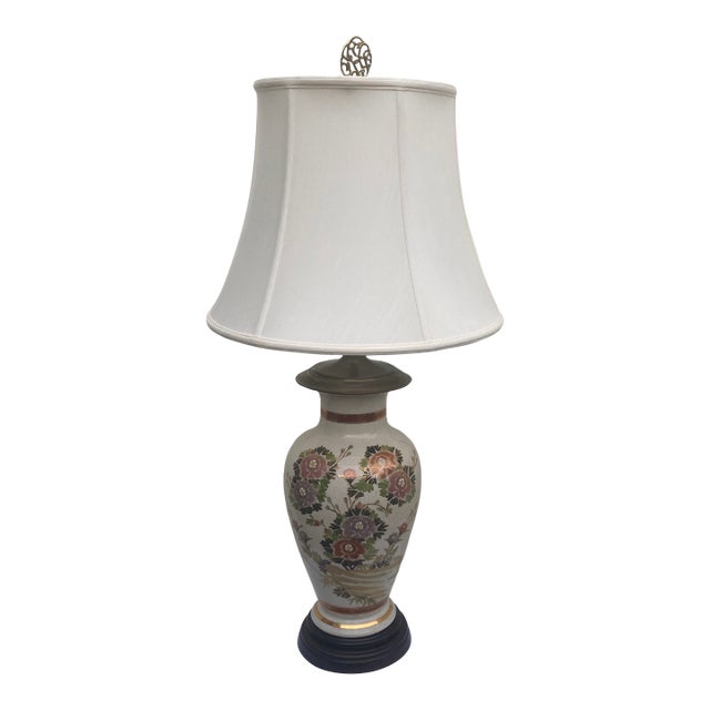 Vintage 35" Japanese Satsuma Style Ceramic and Brass Table Lamp With Tailor Made Shade For Sale