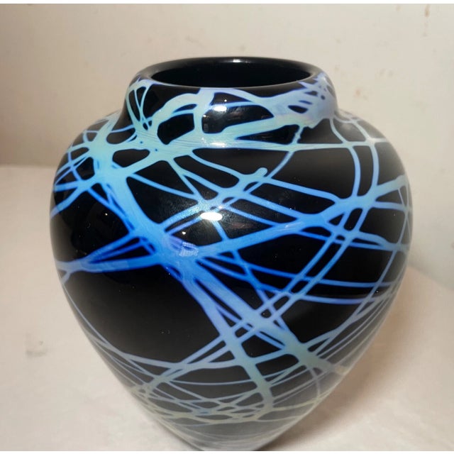 Glass Large Vintage Hand Blown Signed Colin Stone 1985 Iridescent Opal Web Glass Vase For Sale - Image 7 of 10