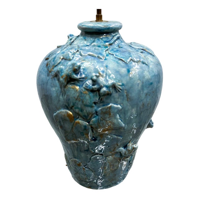 French Ceramic Lamp in Turquoise Glaze For Sale