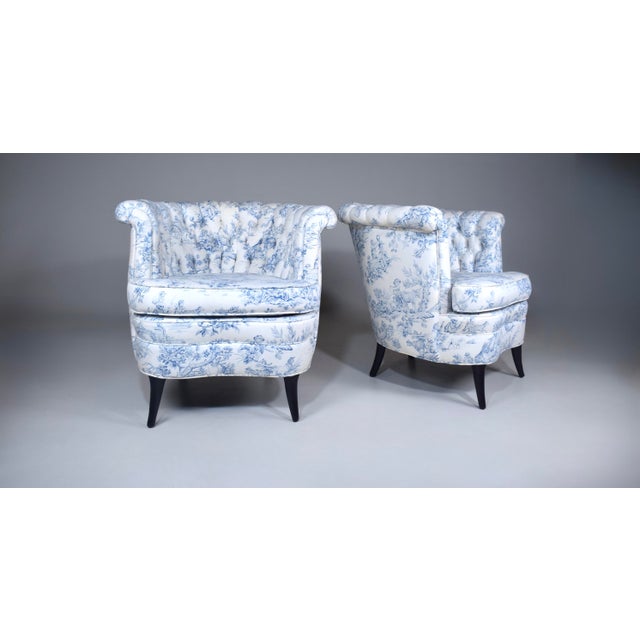 Mid-Century Modern Swedish Art Deco Barrel Bergere Chairs, 1920's French Toile For Sale - Image 3 of 15