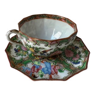 19th Century Chinese Famille Rose Medallion Eggshell Porcelain Cup & Saucer Set- 2 Pieces For Sale
