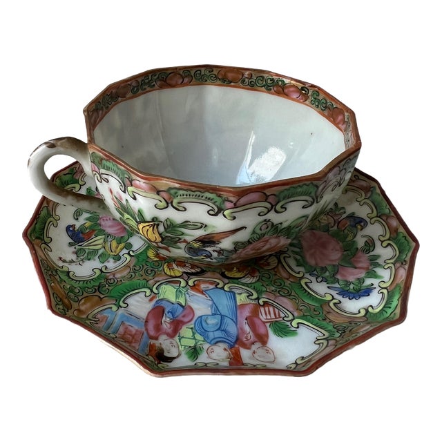 19th Century Chinese Famille Rose Medallion Eggshell Porcelain Cup & Saucer Set- 2 Pieces For Sale