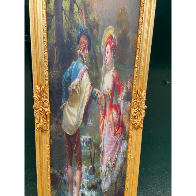 Vintage French Louis XVI Gilded Frame With Romantic Fabric Scenery Artwork For Sale - Image 13 of 16