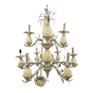 Vintage Hollywood Regency 28" 9-Light Pineapple Tole Chandelier For Sale