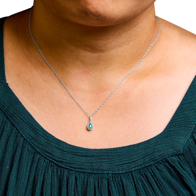 10K White Gold 5x3mm Green Emerald and Diamond Accent Halo Pear Shape 18" Pendant Necklace (I-J Color, I1-I2 Clarity) For Sale - Image 4 of 5