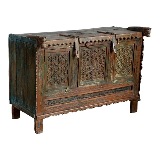 Antique Indian Damchiya Chest – Hand-Carved Bridal Trunk Sideboard Console 52 For Sale