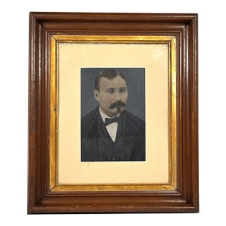 American Folk Art Hand Painted Tintype Gentleman Portrait in Walnut Frame For Sale