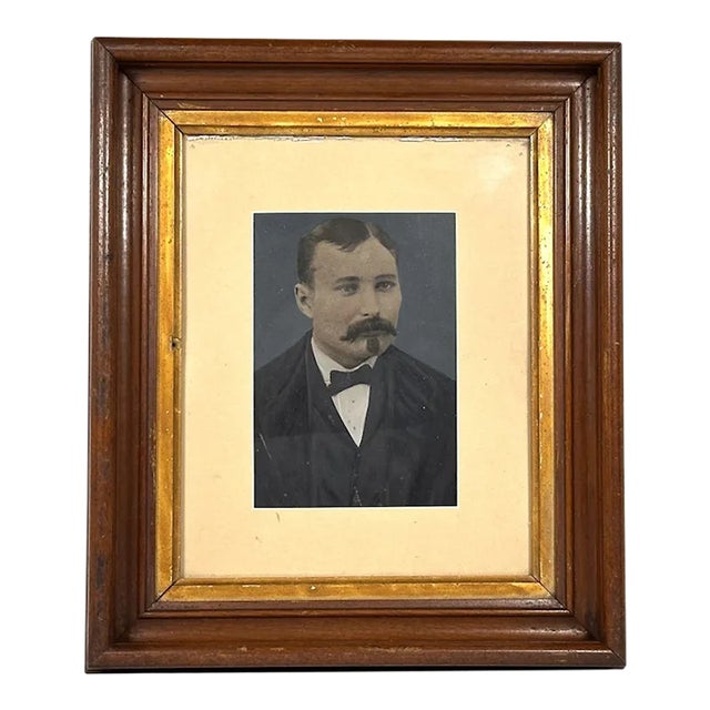 American Folk Art Hand Painted Tintype Gentleman Portrait in Walnut Frame For Sale