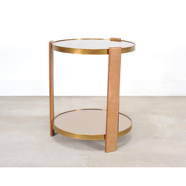 English Ralph Lauren Dalton Side Drink Table Brass Leather and Glass For Sale - Image 3 of 18