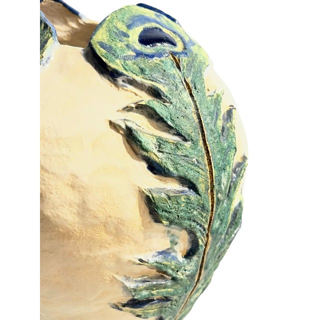 White Vintage Italian Earthenware Vase With Stylized Peacock Feather Design For Sale - Image 8 of 13