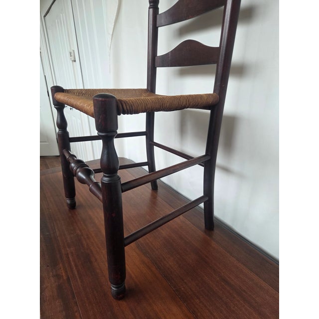 Brown Antique American Hand-Turned Ladder Back Chair W/ Woven Rush Seat For Sale - Image 8 of 10