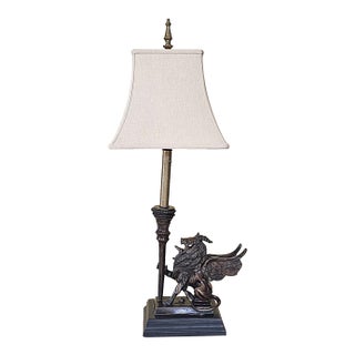 Vintage Neoclassical Bronze Winged Lion Griffin Table Lamp With Linen Shade For Sale