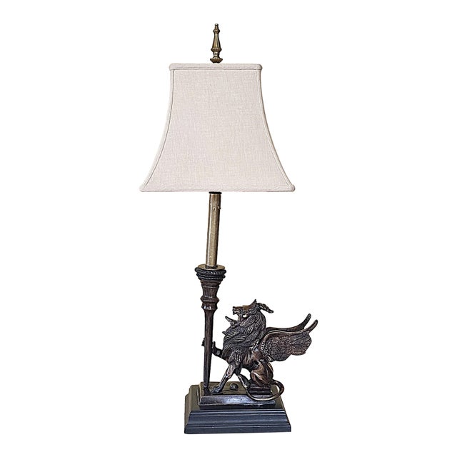 Vintage Neoclassical Bronze Winged Lion Griffin Table Lamp With Linen Shade For Sale